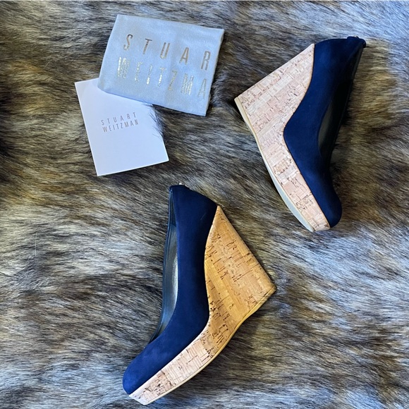 NIB Stuart Weitzman Corkswoon Blue Suede Platform Wedges Size 7 - Picture 11 of 14